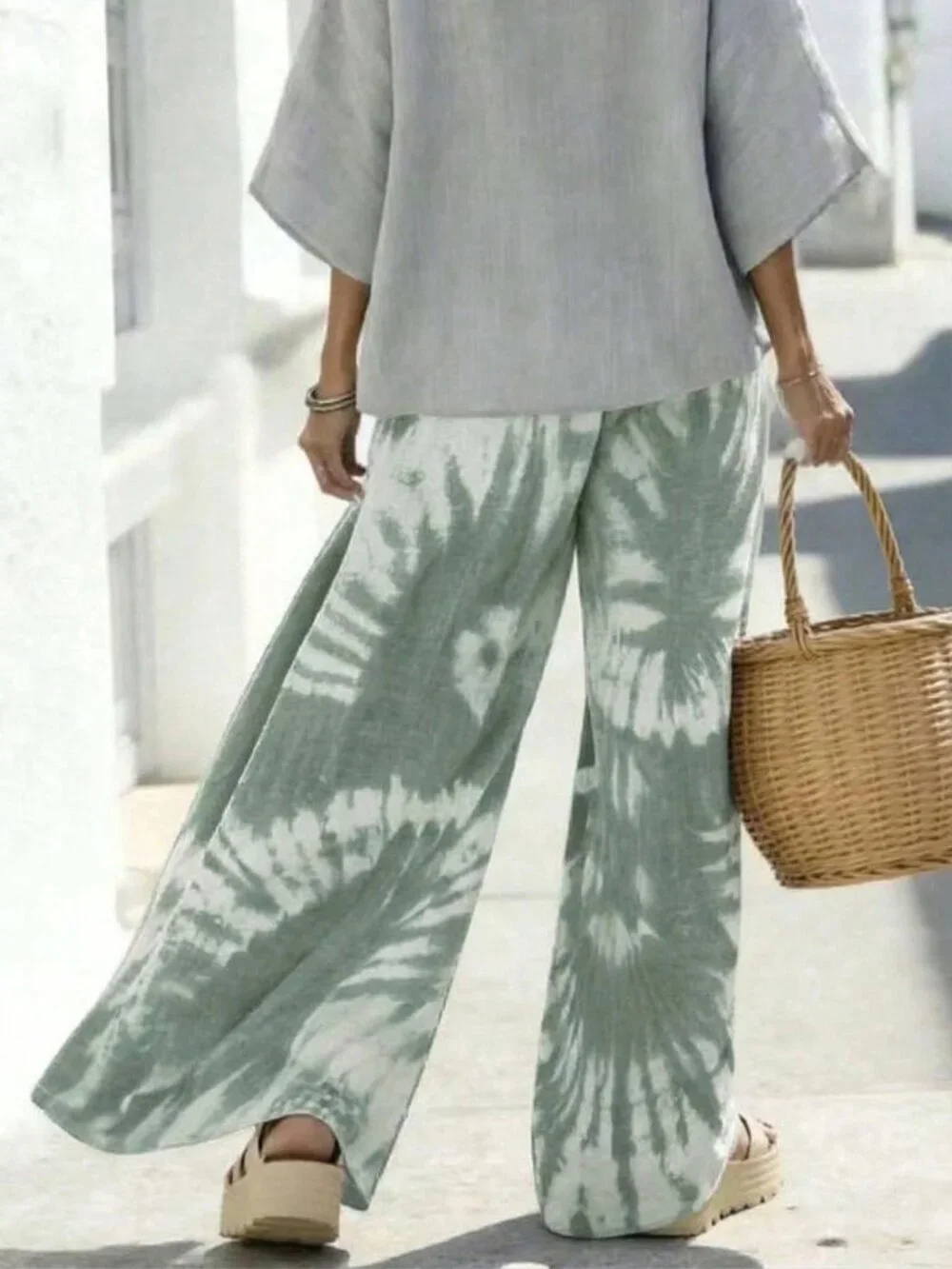 Mist Green Casual Women's Tie-Dye Print Wide Leg Loose Pants